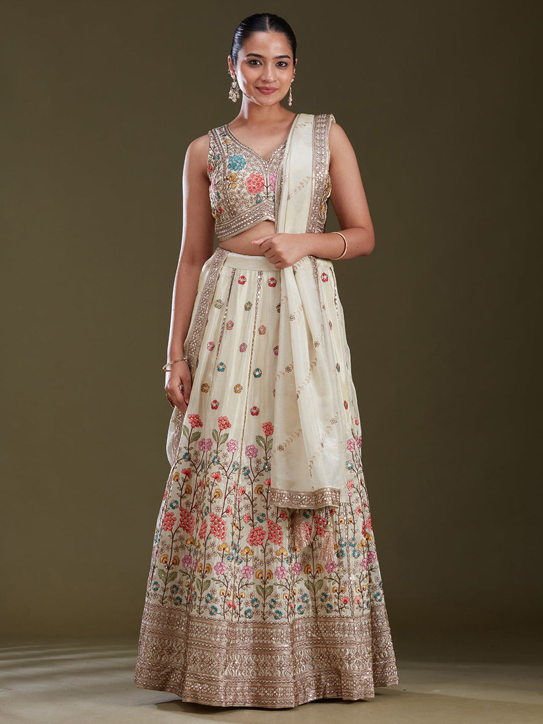 Cream Threadwork Art Silk Readymade Lehenga
