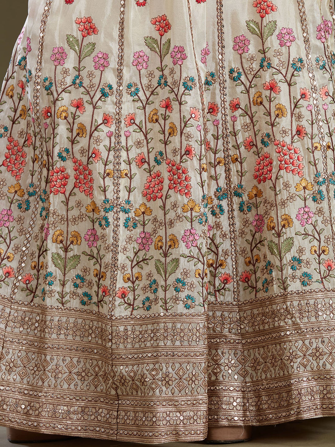 Cream Threadwork Art Silk Readymade Lehenga
