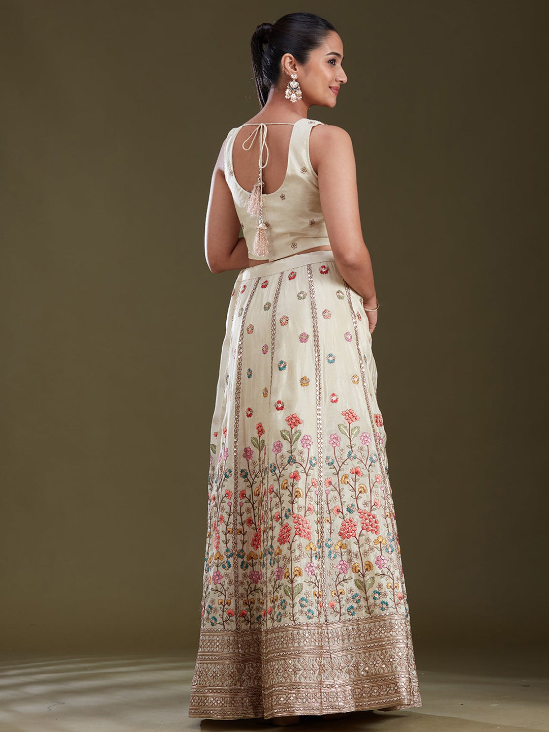 Cream Threadwork Art Silk Readymade Lehenga