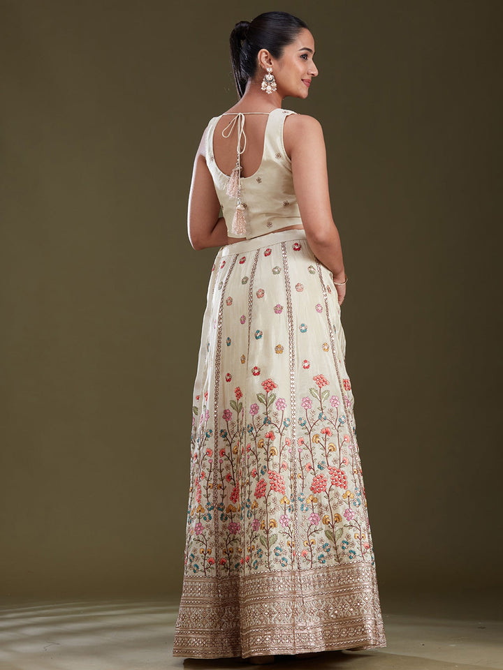 Cream Threadwork Art Silk Readymade Lehenga