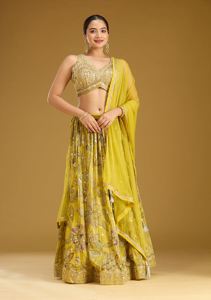 Mehandi Green Zariwork (Gold) Crepe Readymade Lehenga