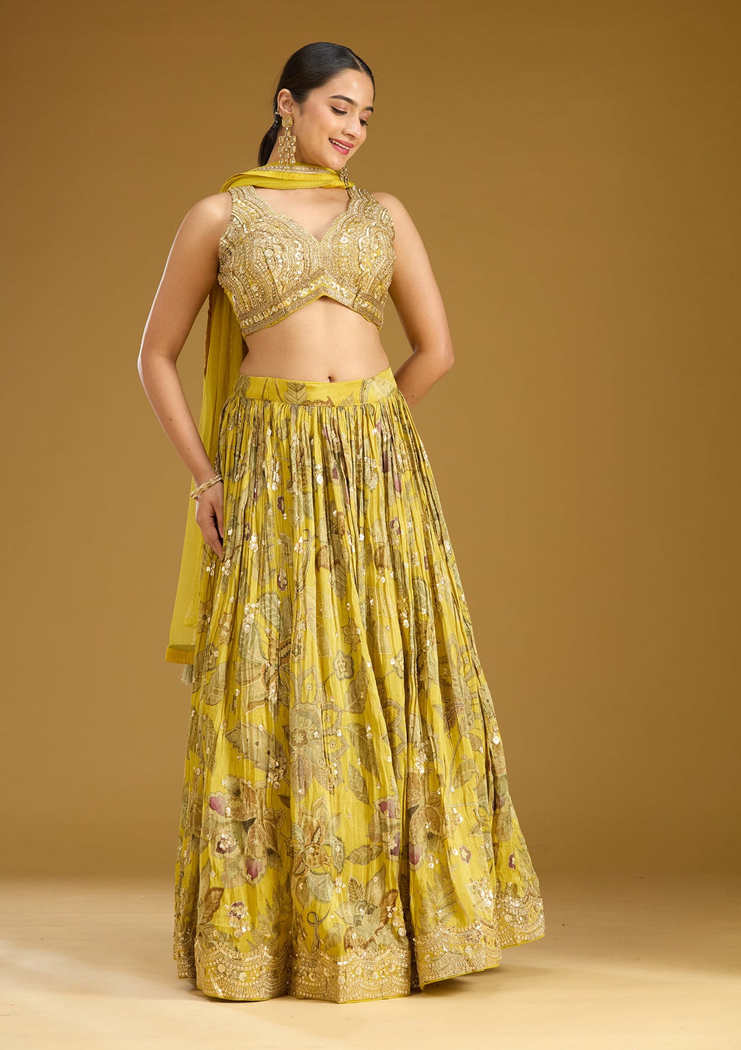Mehandi Green Zariwork (Gold) Crepe Readymade Lehenga