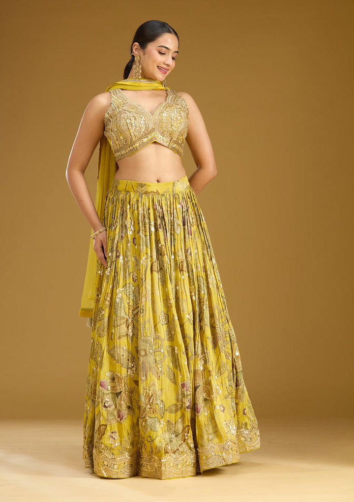 Mehandi Green Zariwork (Gold) Crepe Readymade Lehenga