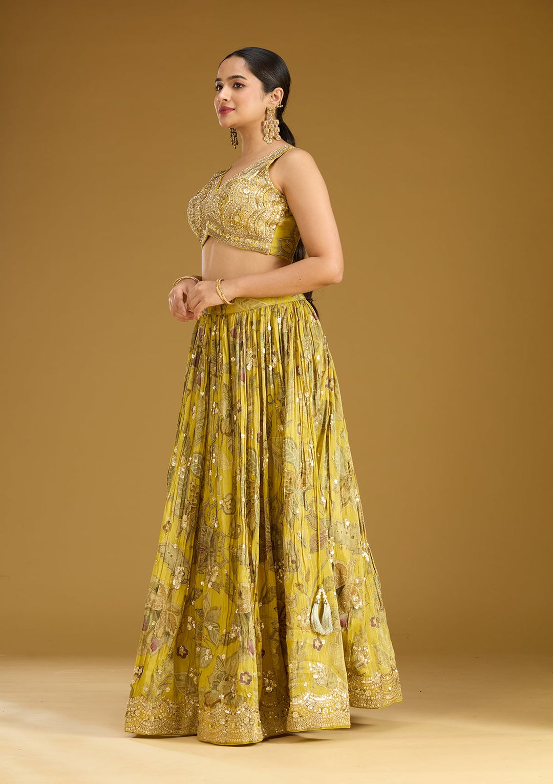 Mehandi Green Zariwork (Gold) Crepe Readymade Lehenga