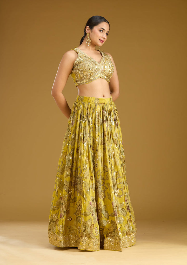 Mehandi Green Zariwork (Gold) Crepe Readymade Lehenga