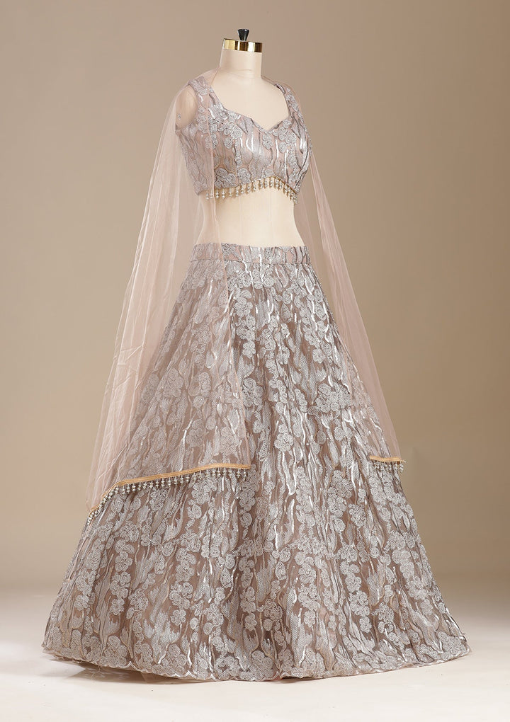 Brown Threadwork Net Readymade Lehenga-koskii