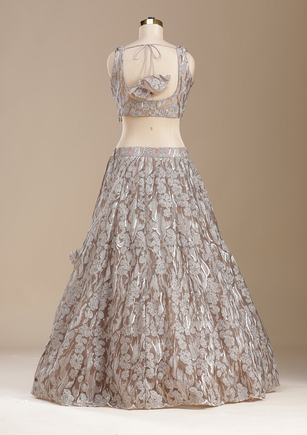 Brown Threadwork Net Readymade Lehenga-koskii