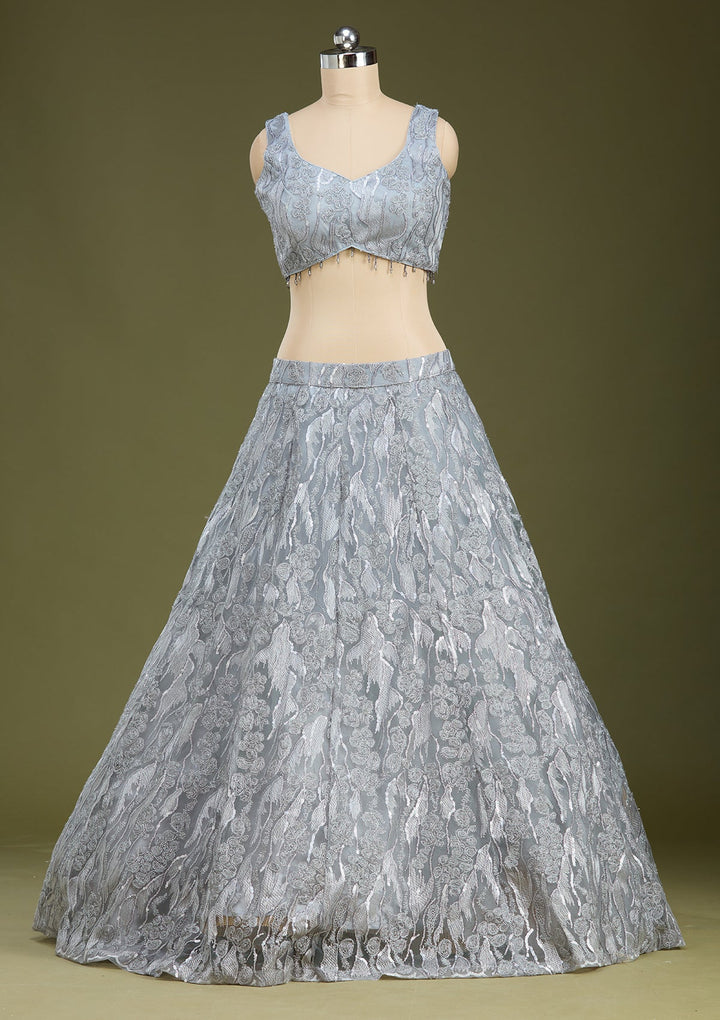 Grey Threadwork Net Readymade Lehenga