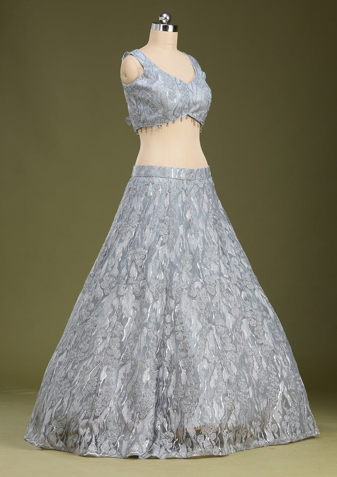 Grey Threadwork Net Readymade Lehenga