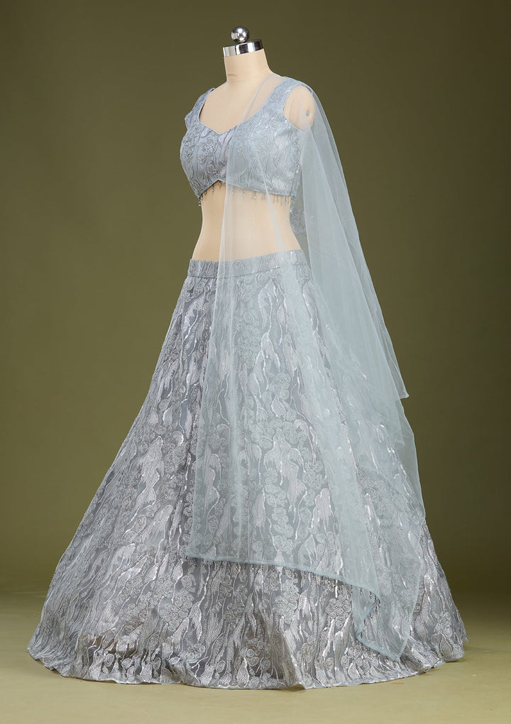 Grey Threadwork Net Readymade Lehenga