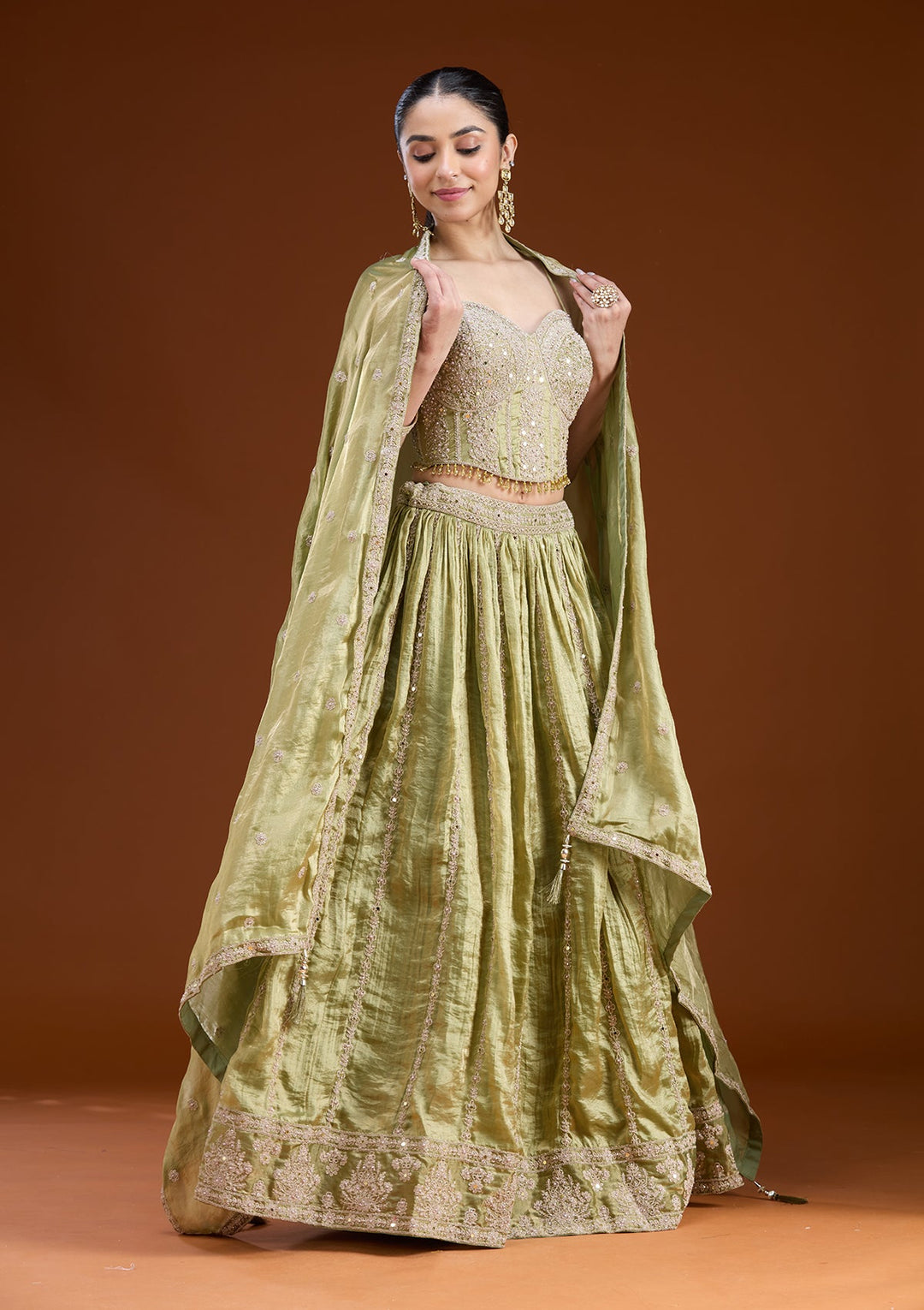 Mehandi Green Zariwork (Gold) Tissue Readymade Lehenga