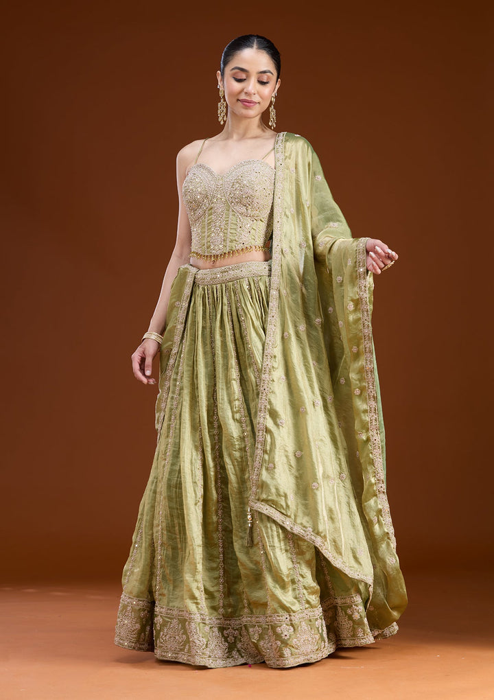 Mehandi Green Zariwork (Gold) Tissue Readymade Lehenga