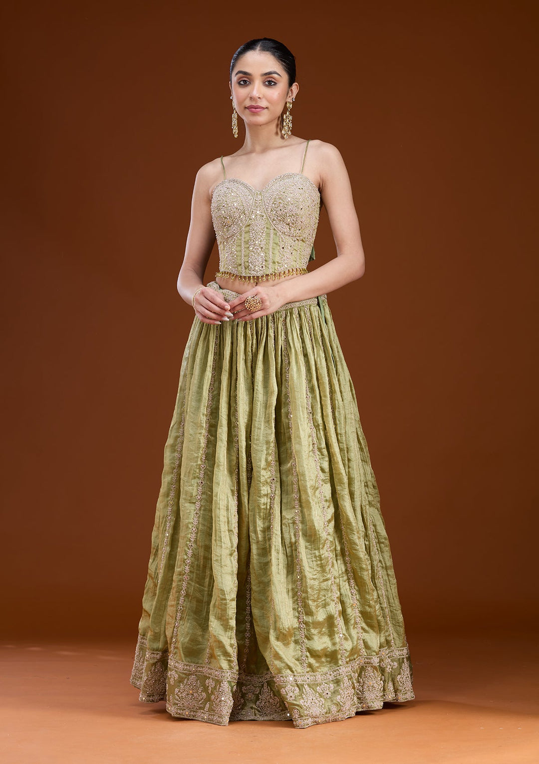 Mehandi Green Zariwork (Gold) Tissue Readymade Lehenga