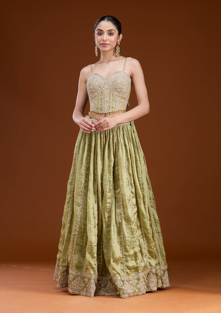 Mehandi Green Zariwork (Gold) Tissue Readymade Lehenga