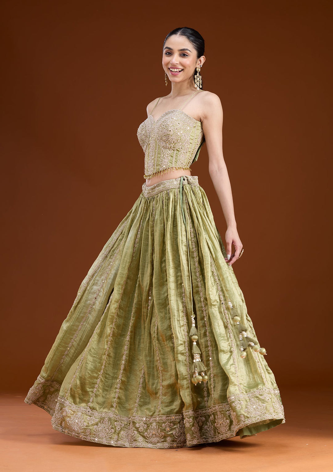 Mehandi Green Zariwork (Gold) Tissue Readymade Lehenga