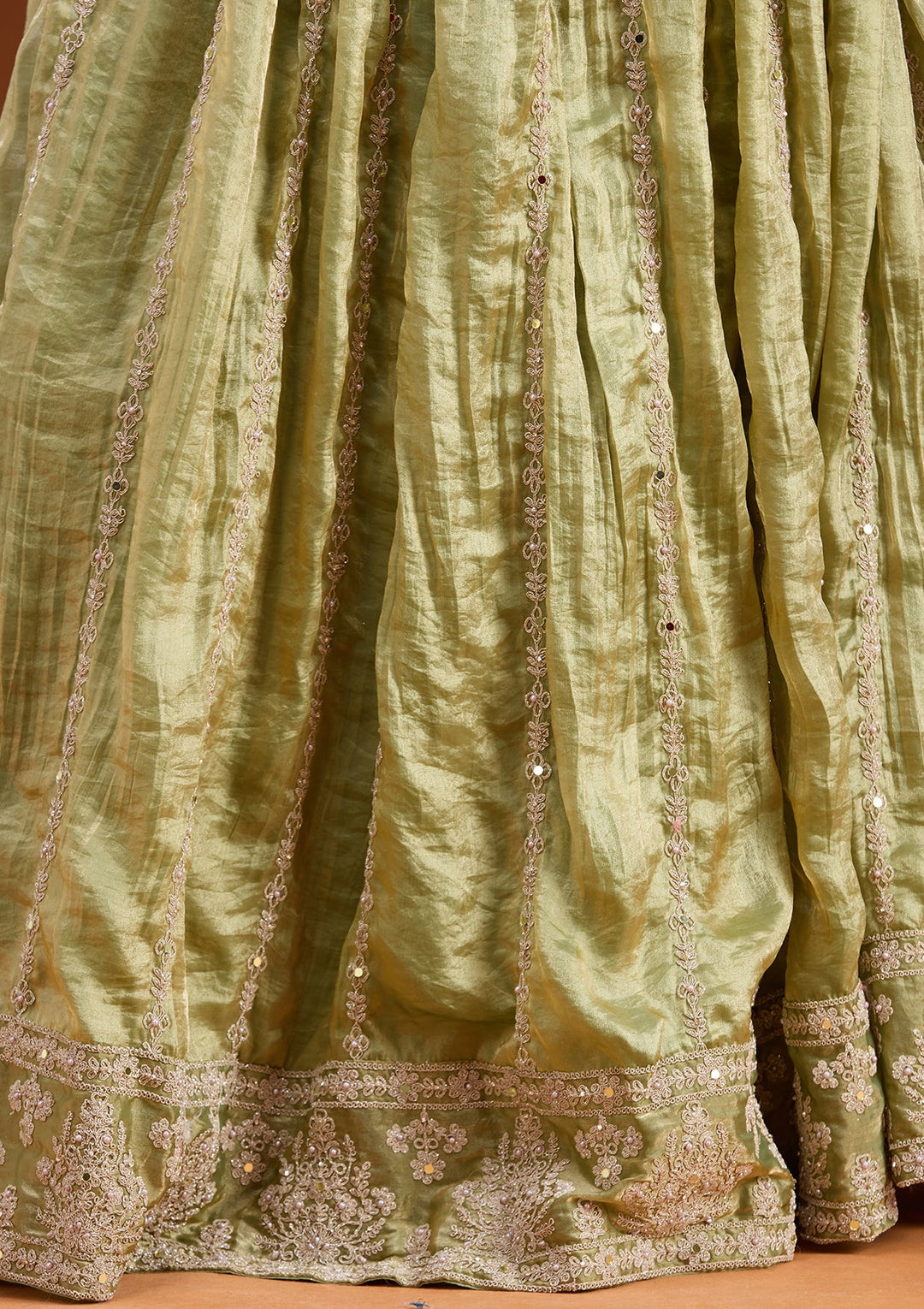 Mehandi Green Zariwork (Gold) Tissue Readymade Lehenga