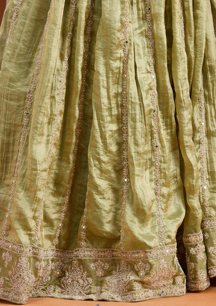 Mehandi Green Zariwork (Gold) Tissue Readymade Lehenga