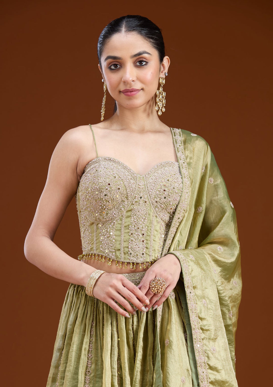 Mehandi Green Zariwork (Gold) Tissue Readymade Lehenga