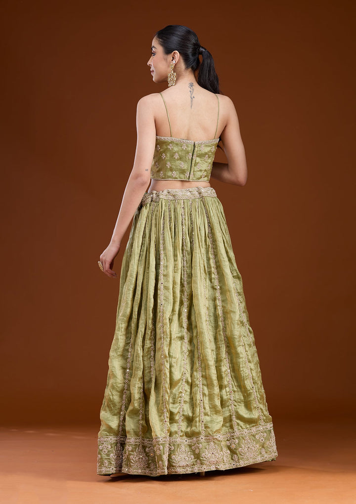 Mehandi Green Zariwork (Gold) Tissue Readymade Lehenga