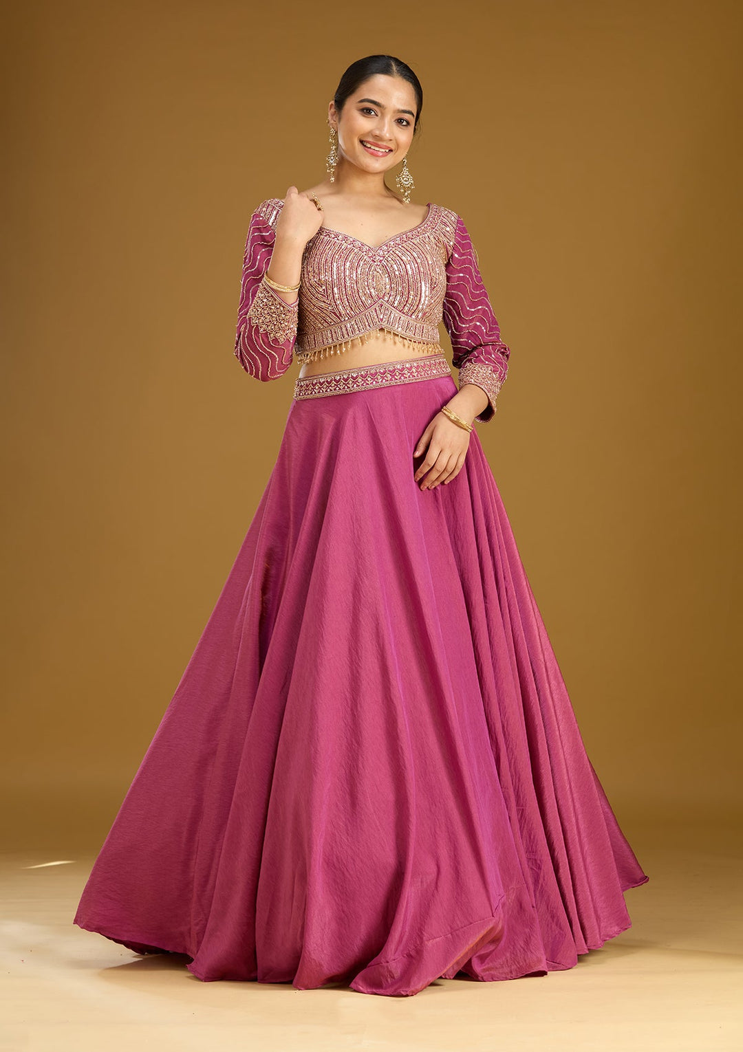 Onion Pink Sequins Tissue Readymade Lehenga