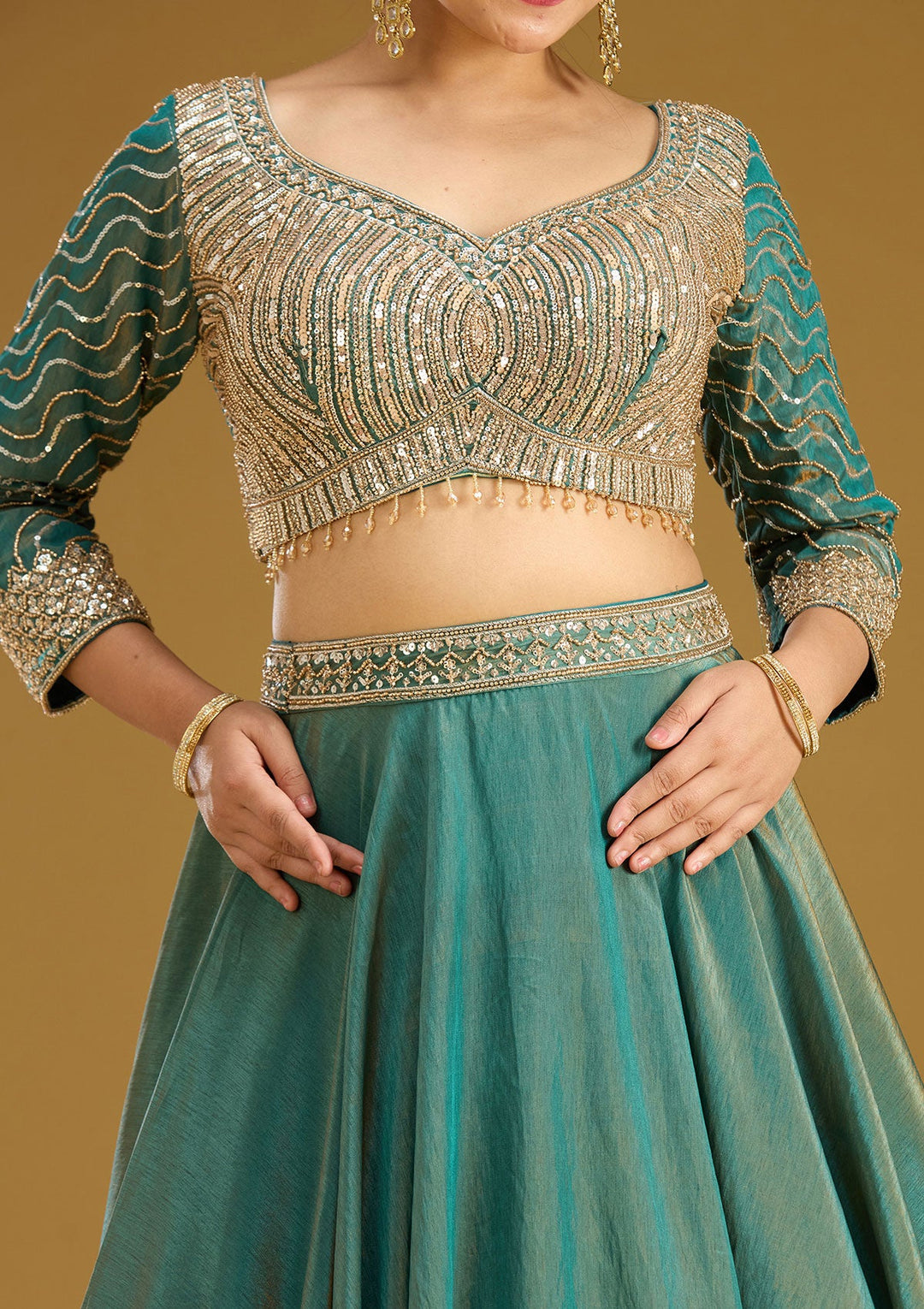 Teal Green Sequins Tissue Readymade Lehenga