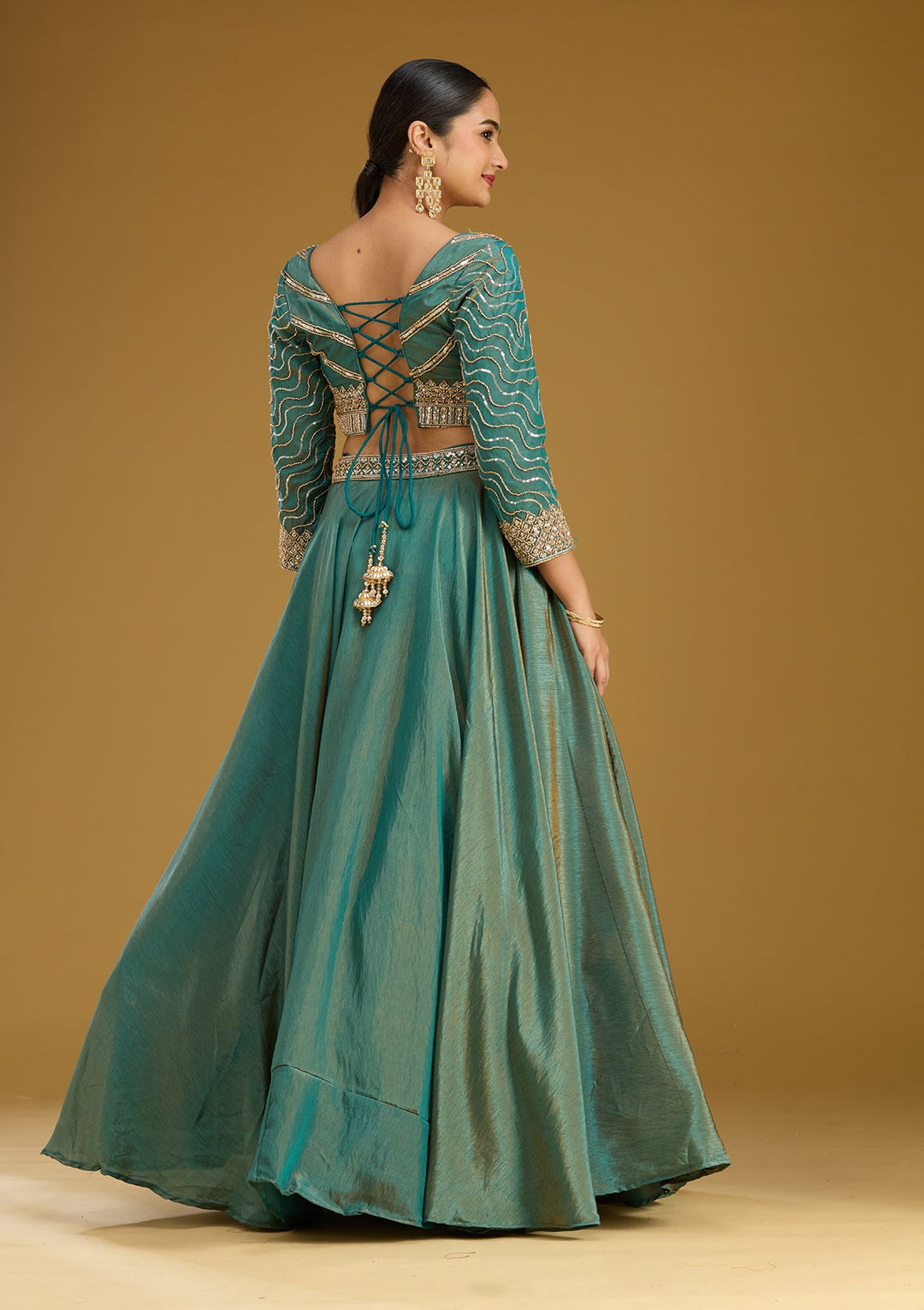 Teal Green Sequins Tissue Readymade Lehenga