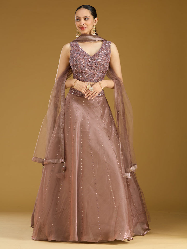 Light Brown Sequins Net Readymade Lehenga