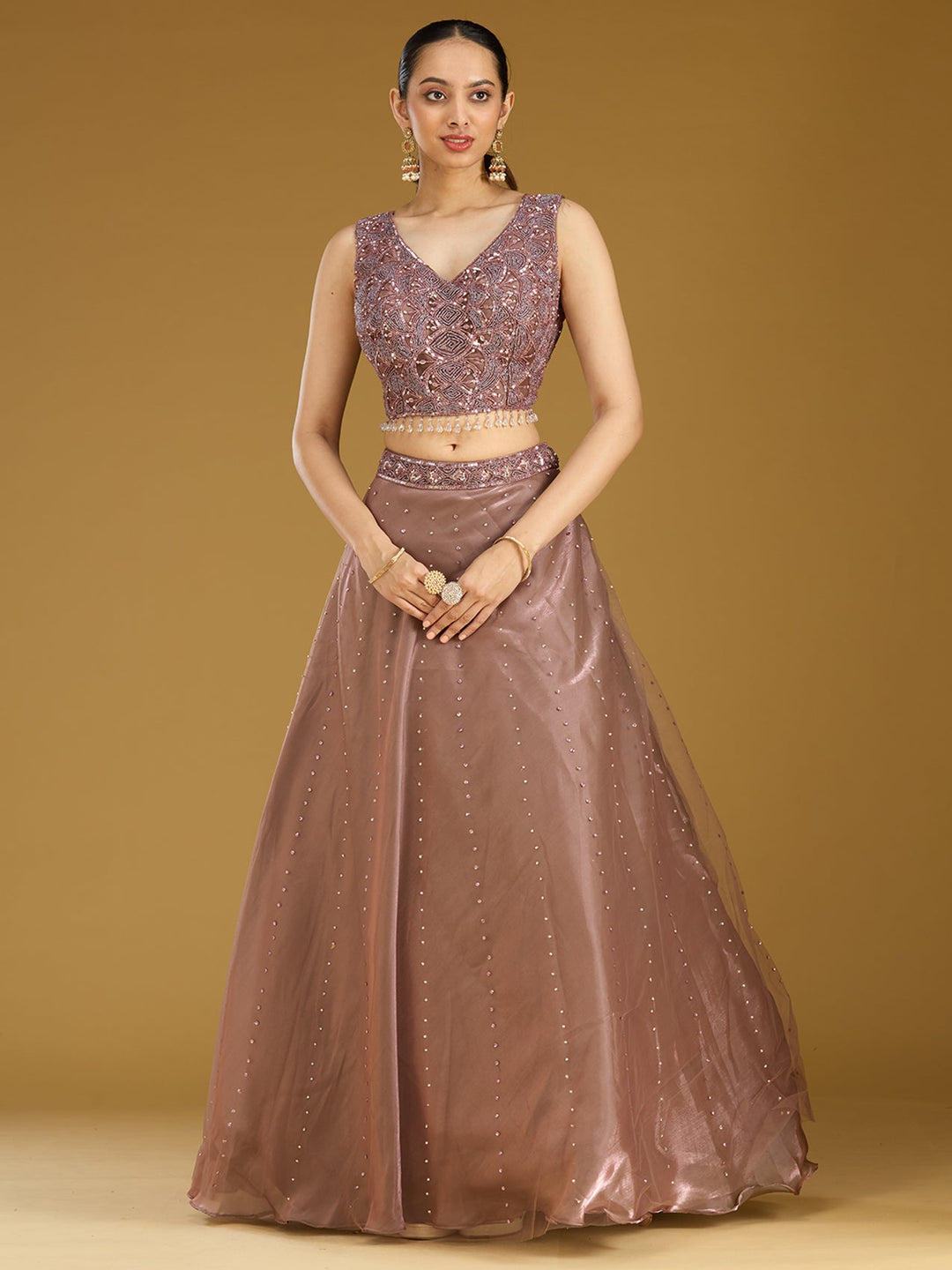 Light Brown Sequins Net Readymade Lehenga