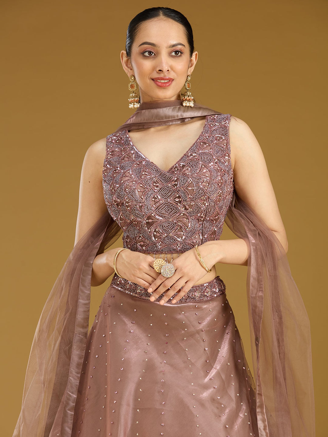 Light Brown Sequins Net Readymade Lehenga