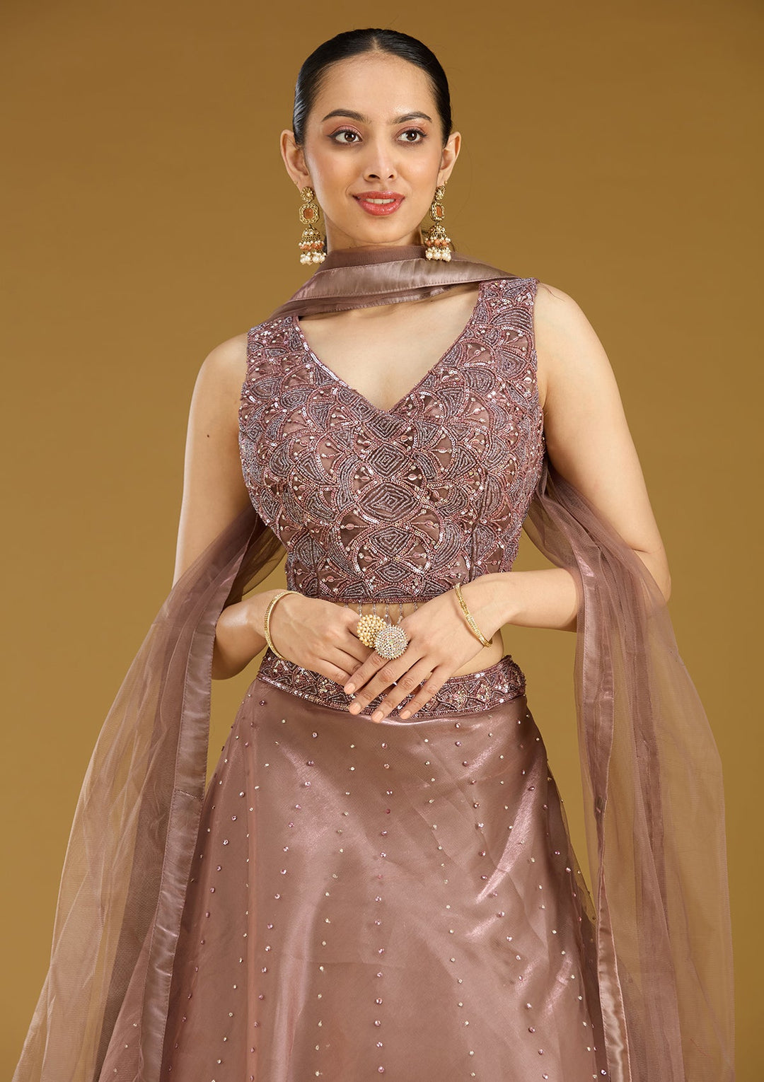 Light Brown Sequins Net Readymade Lehenga