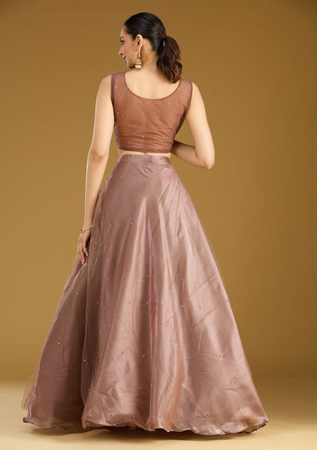 Light Brown Sequins Net Readymade Lehenga