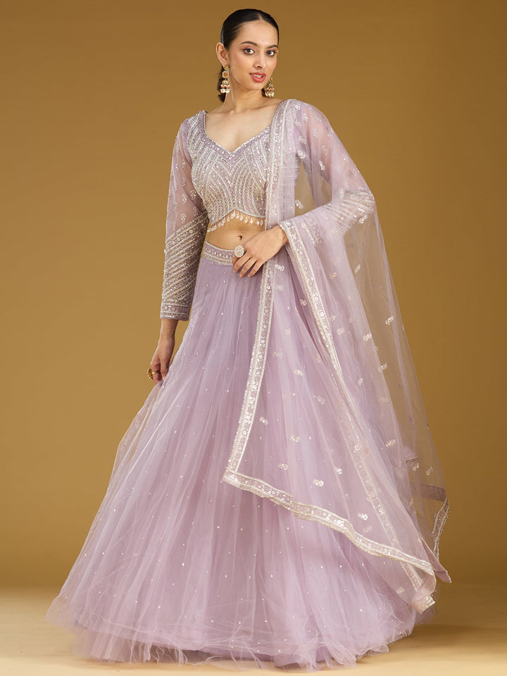 Lavender Sequins Net Readymade Lehenga