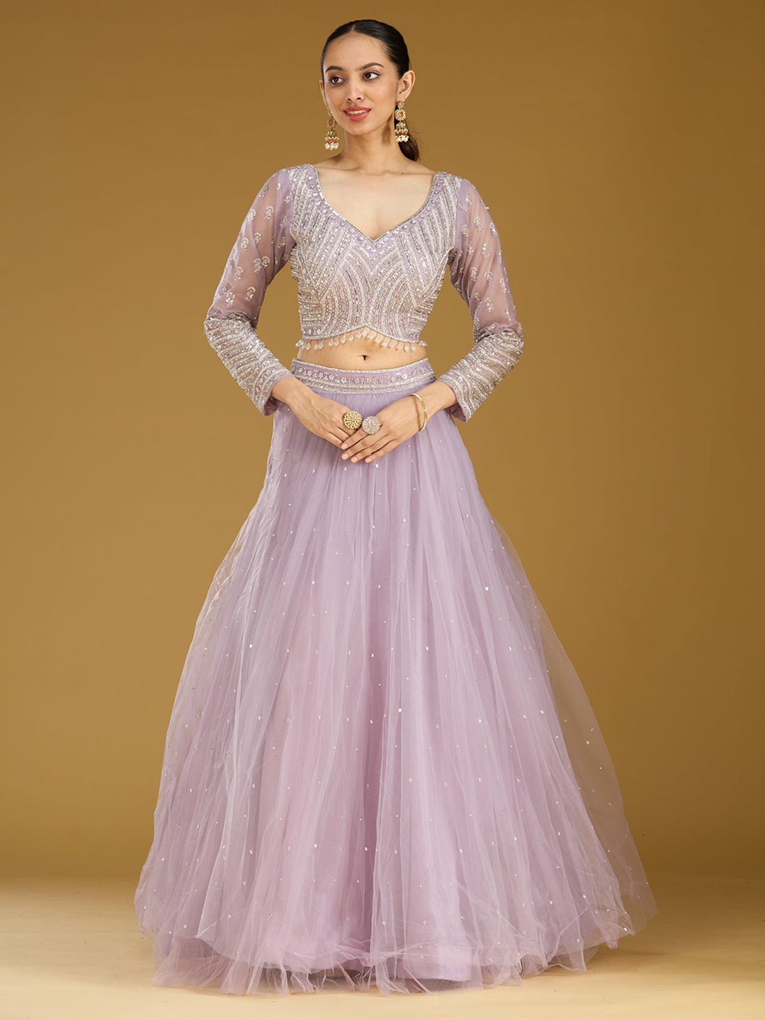 Lavender Sequins Net Readymade Lehenga
