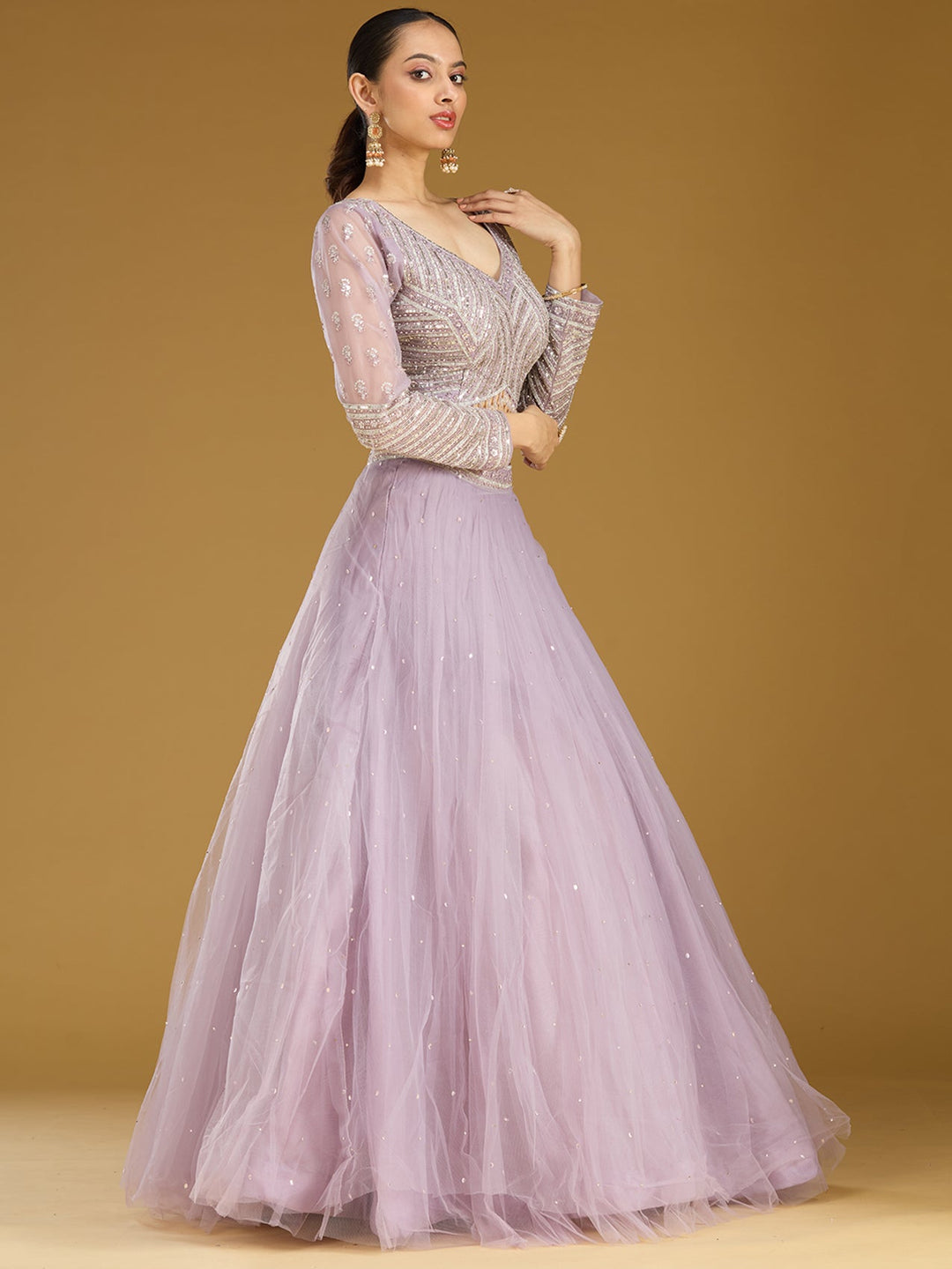 Lavender Sequins Net Readymade Lehenga
