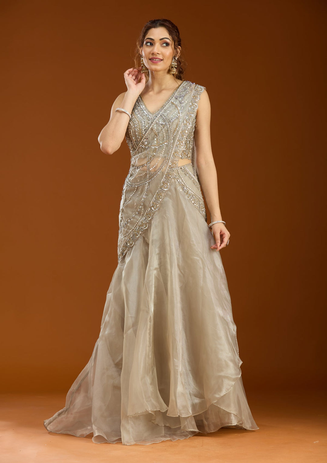 Light Grey Sequins Organza Readymade Lehenga
