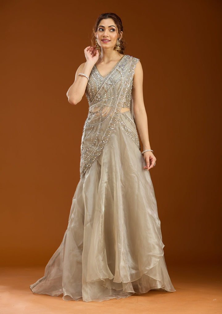 Light Grey Sequins Organza Readymade Lehenga