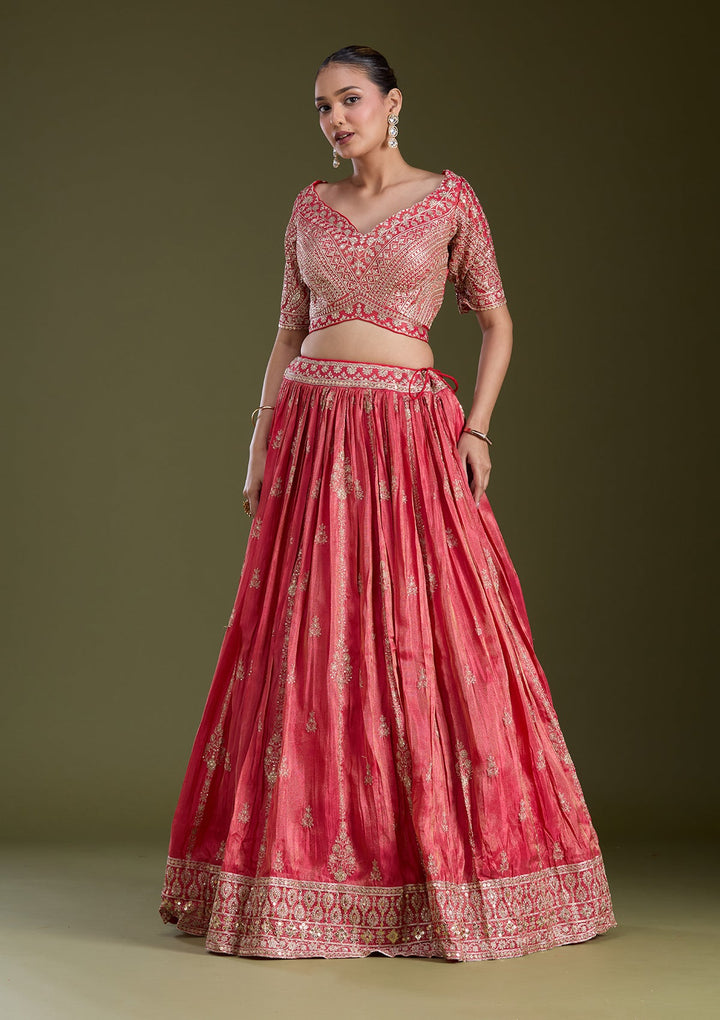 Red Zariwork (Gold) Tissue Readymade Lehenga