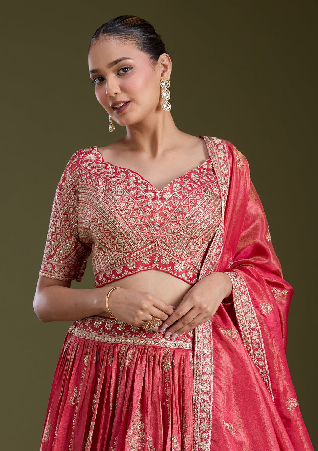 Red Zariwork (Gold) Tissue Readymade Lehenga