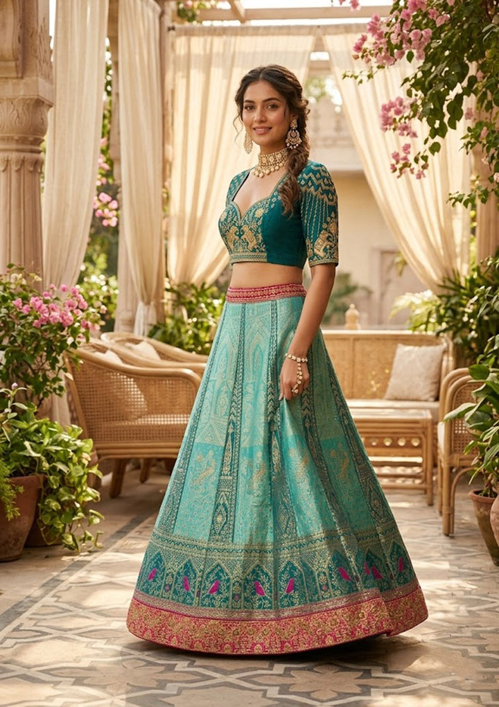 Rama Green Zariwork (Gold) Banarasi Readymade Lehenga