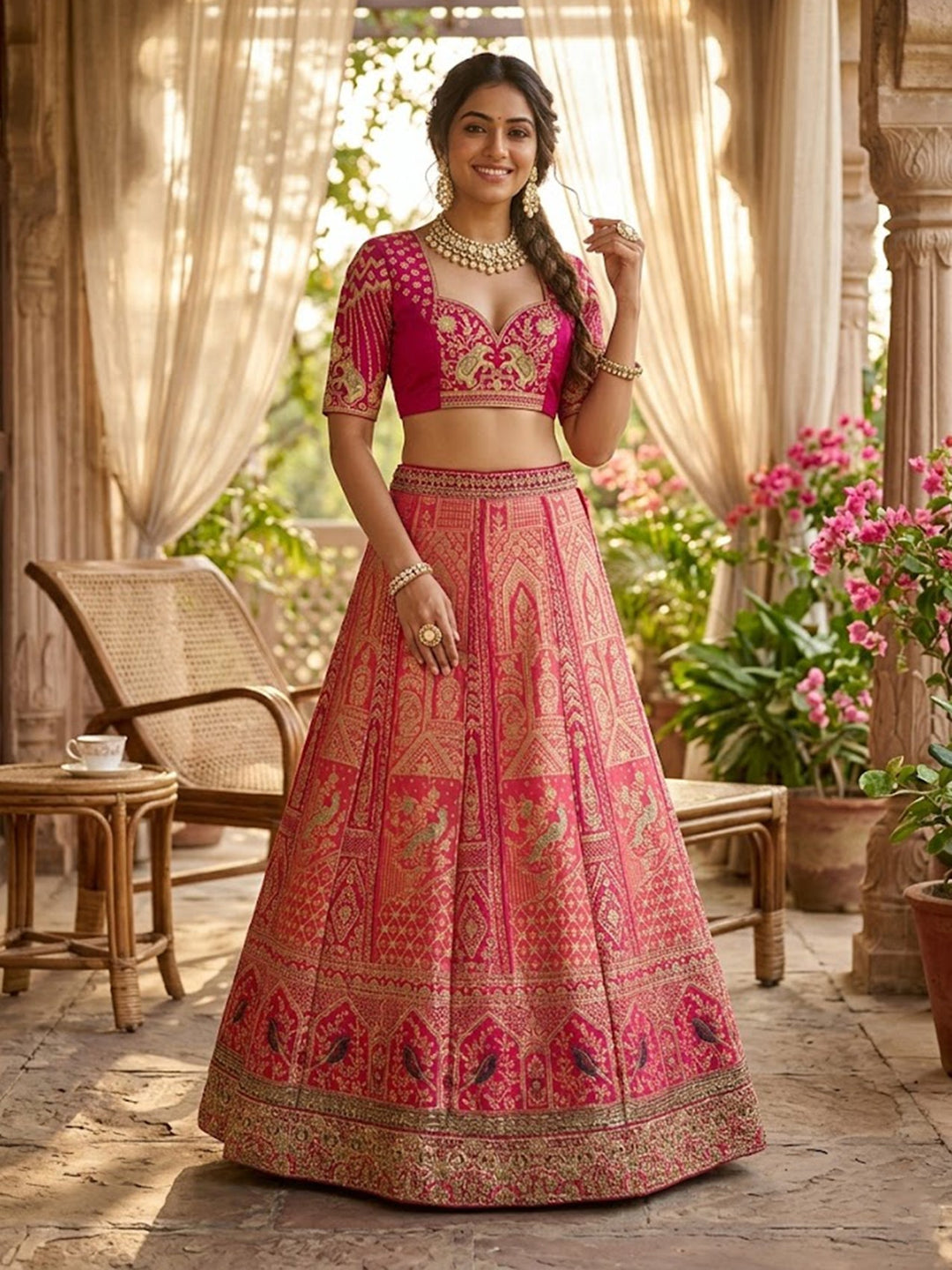 Rani Pink Zariwork (Gold) Banarasi Readymade Lehenga