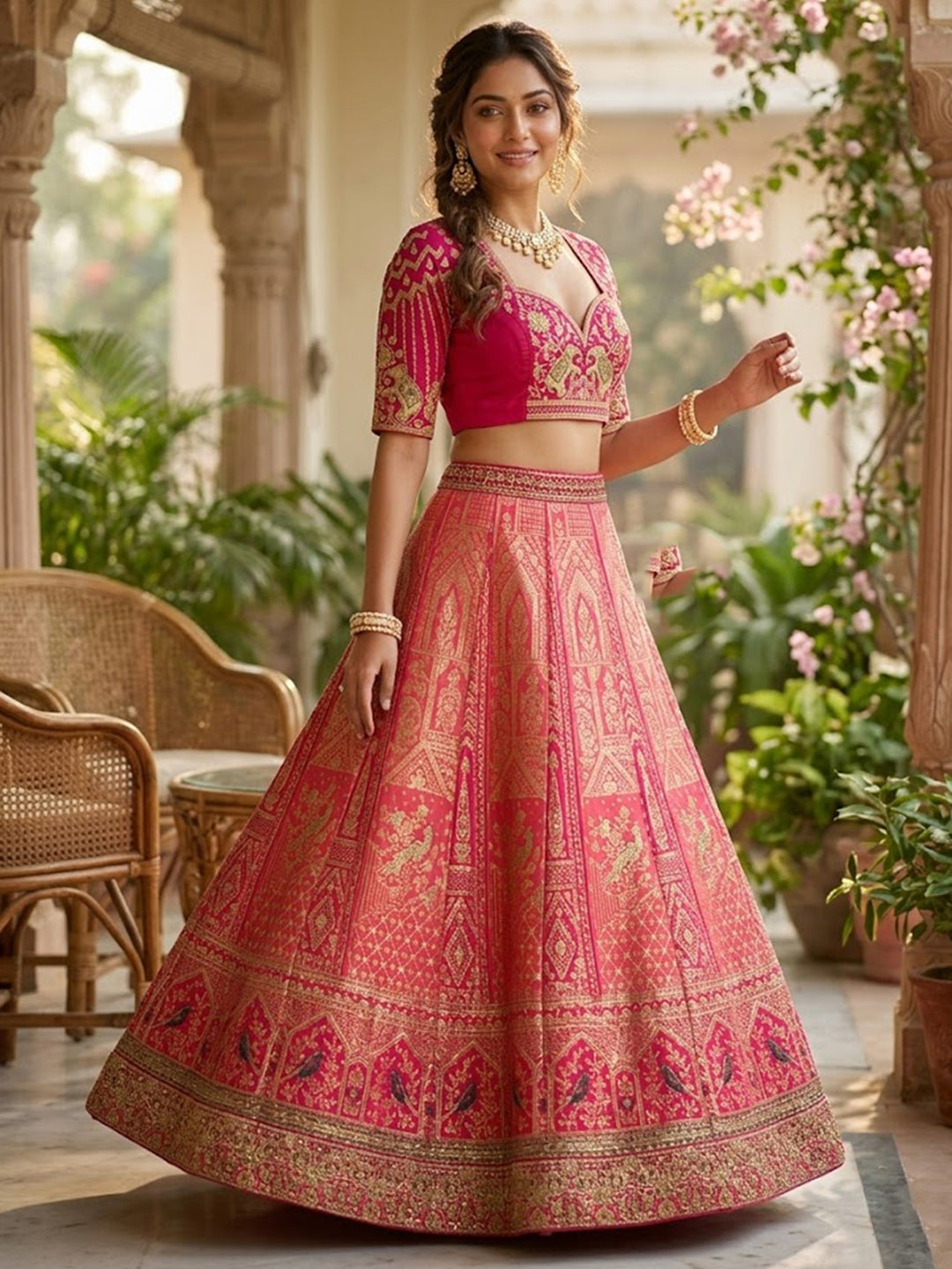 Rani Pink Zariwork (Gold) Banarasi Readymade Lehenga