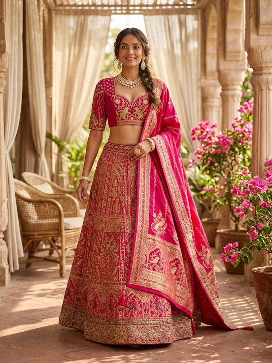 Rani Pink Zariwork (Gold) Banarasi Readymade Lehenga