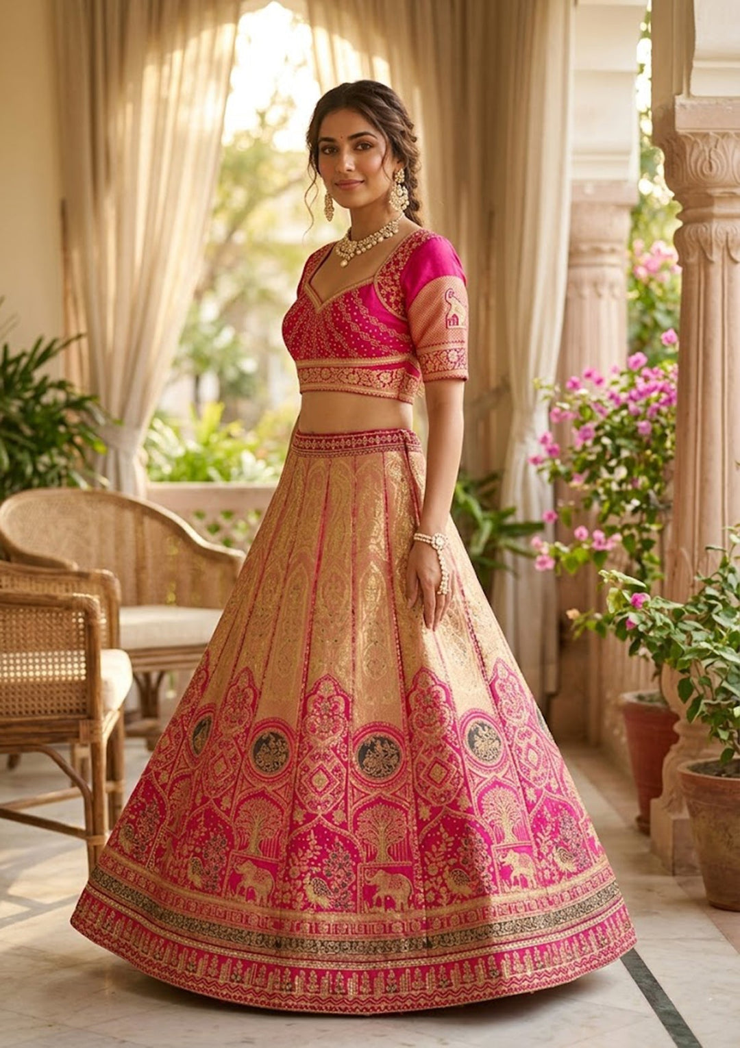 Magenta Pink Zariwork (Gold) Banarasi Readymade Lehenga