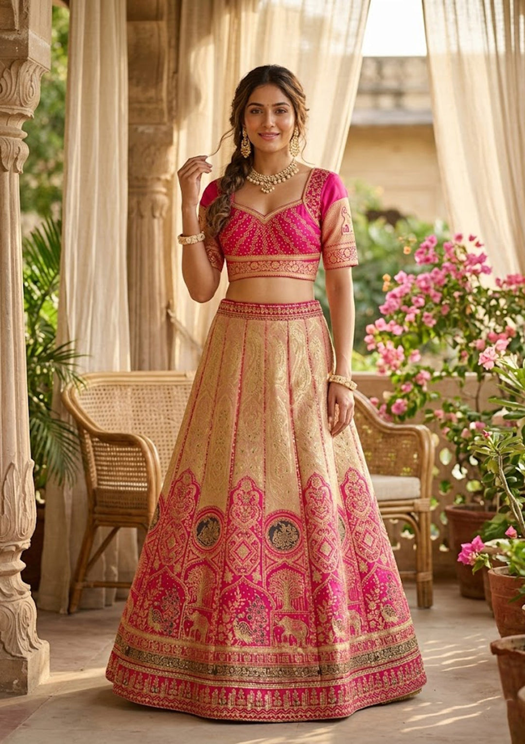 Magenta Pink Zariwork (Gold) Banarasi Readymade Lehenga