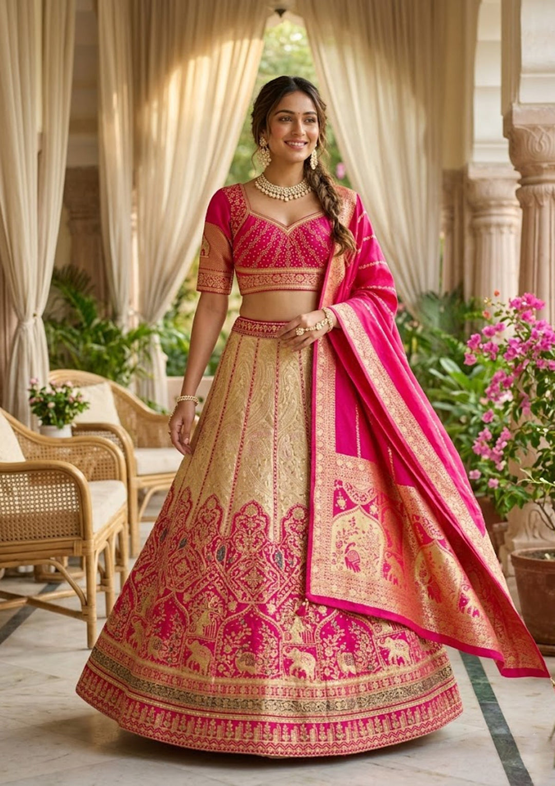 Magenta Pink Zariwork (Gold) Banarasi Readymade Lehenga