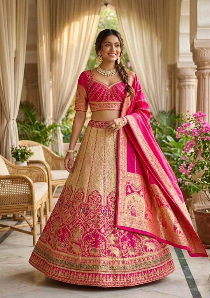 Magenta Pink Zariwork (Gold) Banarasi Readymade Lehenga