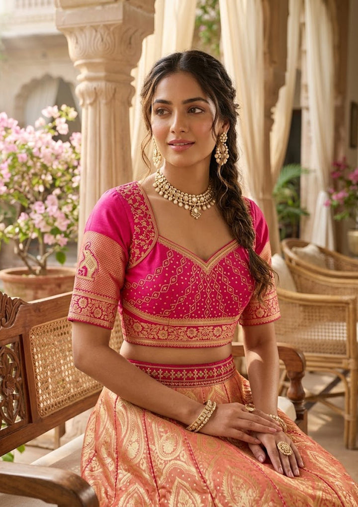 Magenta Pink Zariwork (Gold) Banarasi Readymade Lehenga