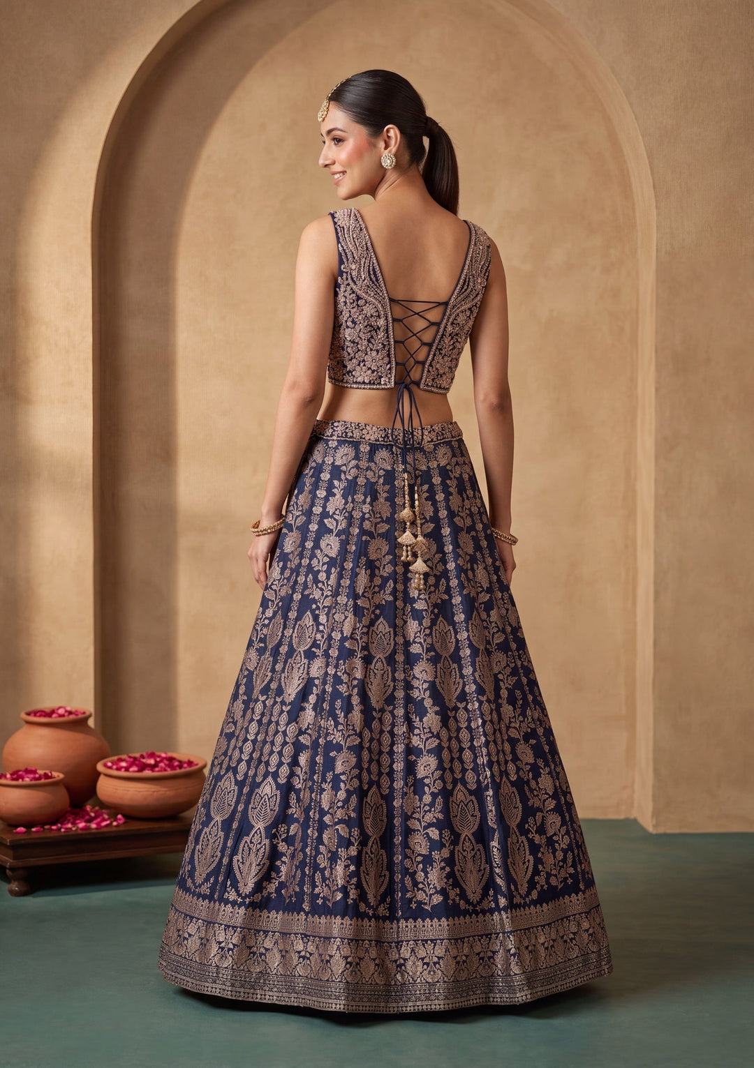 Navy Blue Zariwork (Gold) Crepe Readymade Lehenga