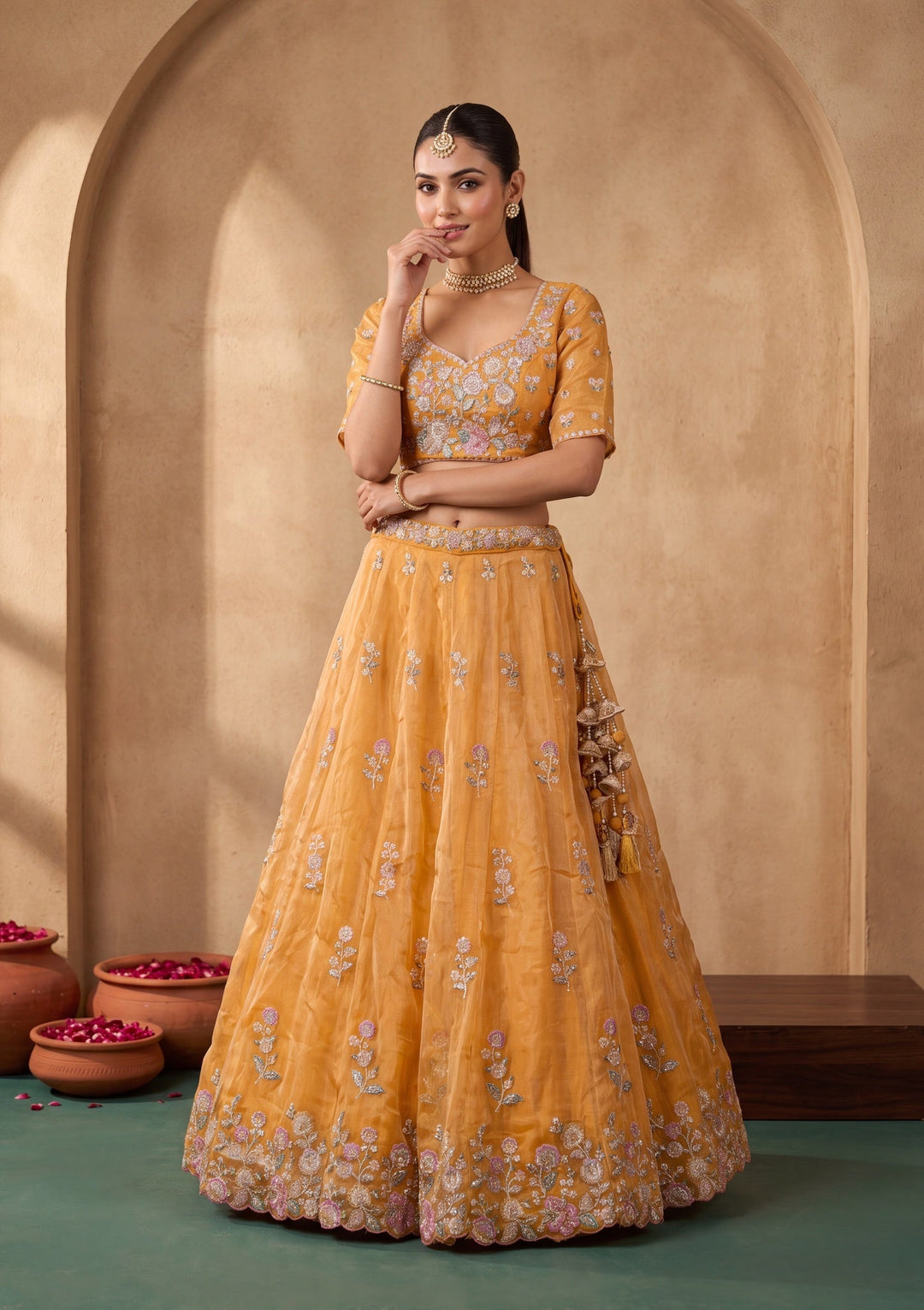 Mustard Yellow Cording Tissue Readymade Lehenga