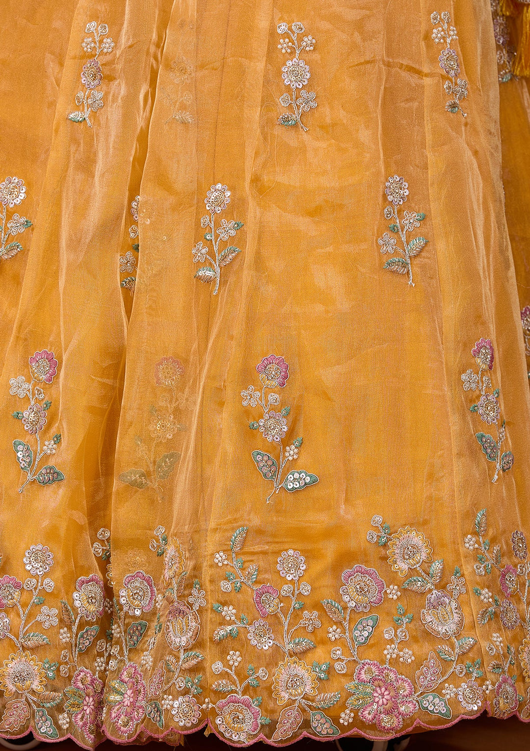 Mustard Yellow Cording Tissue Readymade Lehenga